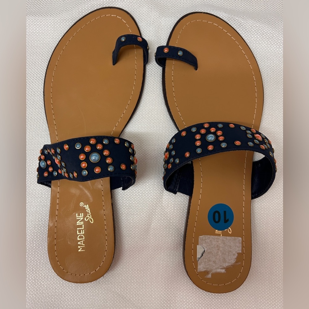 Madeline Stuart: Blue, multi colored jewel, slip on sandals, size 10